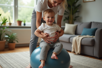 Jeune mère soutenant son bébé sur un ballon d'exercice dans un salon chaleureux