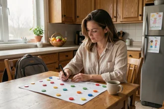 Mère organisant le calendrier de garde alternée semaines paires et impaires à la table de cuisine familiale