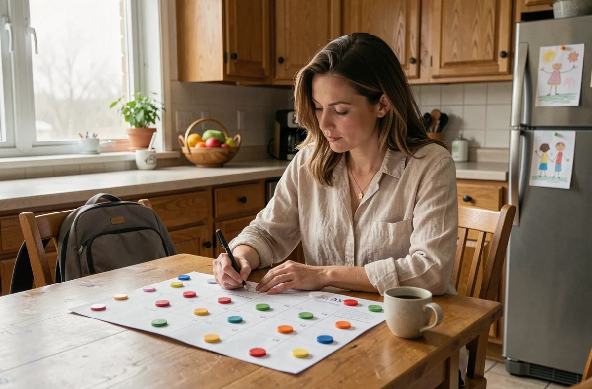Mère organisant le calendrier de garde alternée semaines paires et impaires à la table de cuisine familiale