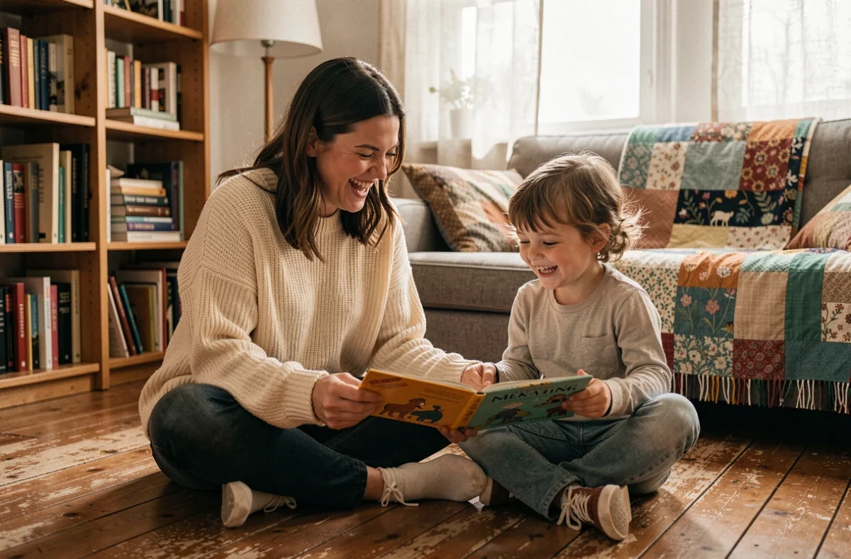 Mère célibataire et sa fille partageant un moment de lecture complice dans un salon chaleureux et authentique