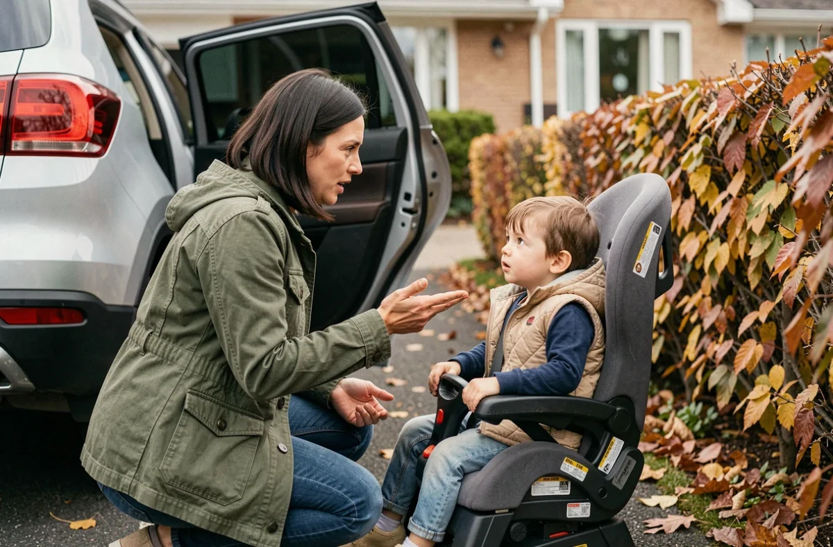 Mère expliquant calmement à sa fille assise dans un réhausseur auto pourquoi elle doit rester attachée, devant une voiture SUV