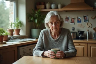 Mère d'âge mûr assise seule à la table de cuisine, l'air mélancolique, symbolisant la douleur d'une relation rompue avec son fils adulte