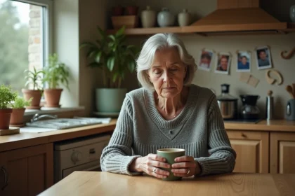 Mère d'âge mûr assise seule à la table de cuisine, l'air mélancolique, symbolisant la douleur d'une relation rompue avec son fils adulte