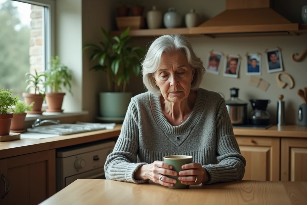 Mère d'âge mûr assise seule à la table de cuisine, l'air mélancolique, symbolisant la douleur d'une relation rompue avec son fils adulte