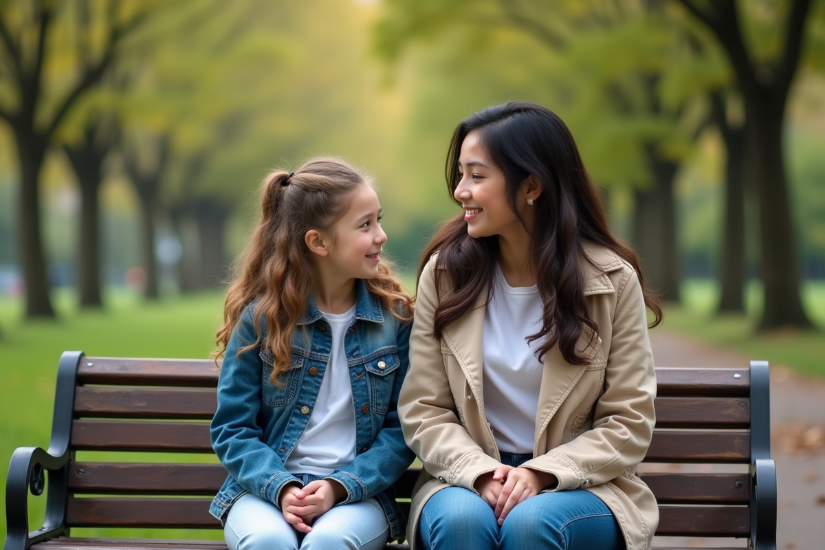 Mère et fille discutant sur un banc dans un parc