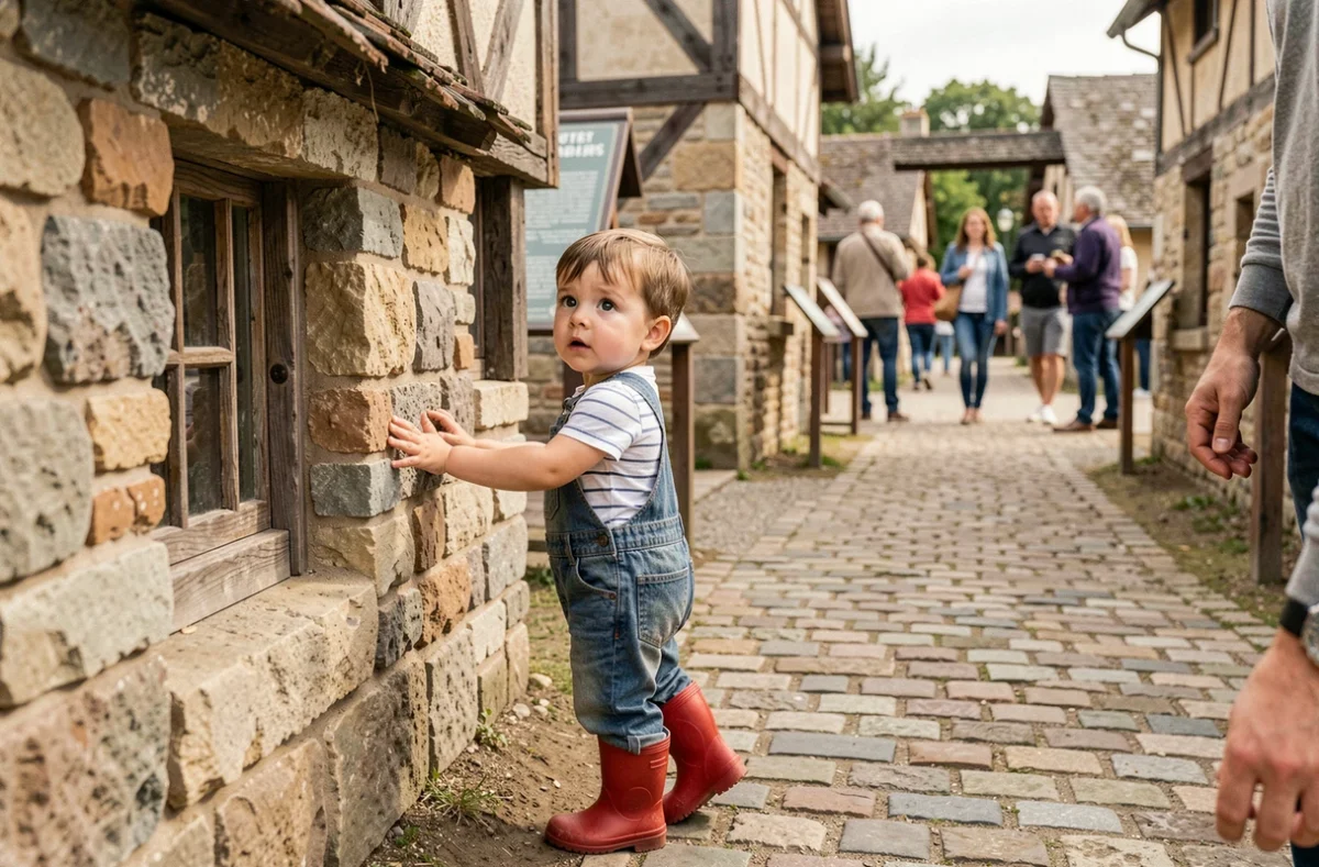Enfant de 4 ans découvrant une exposition historique dans un musée de plein air en région parisienne