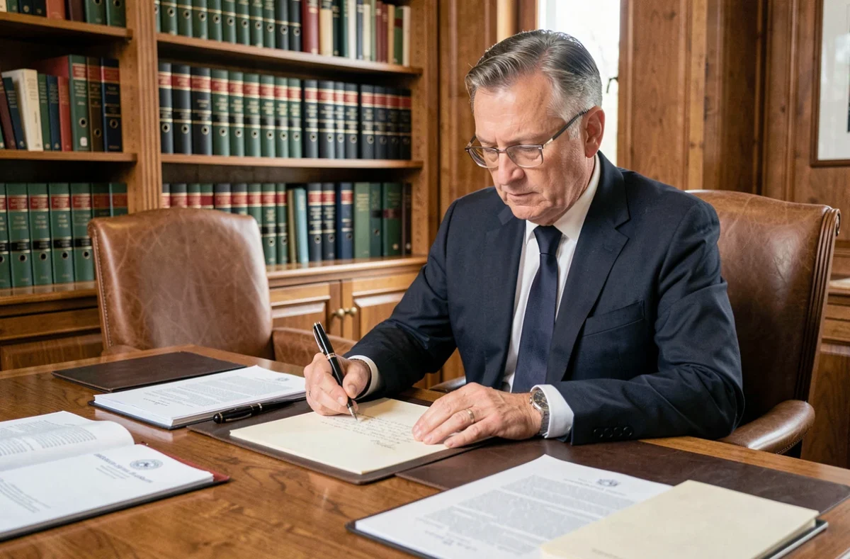 Notaire en costume marine examinant un testament manuscrit dans son étude notariale avec des documents officiels sur son bureau en chêne