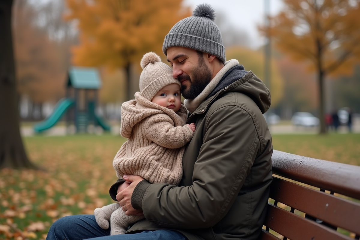 Pere tenant son bébé dans un parc en automne avec feuilles et jeux