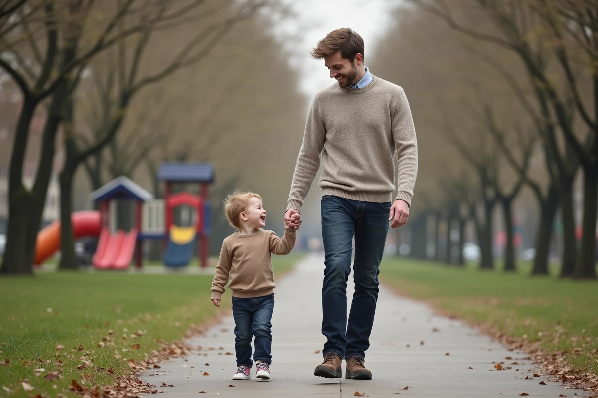 Père et fils marchant dans un parc en ville