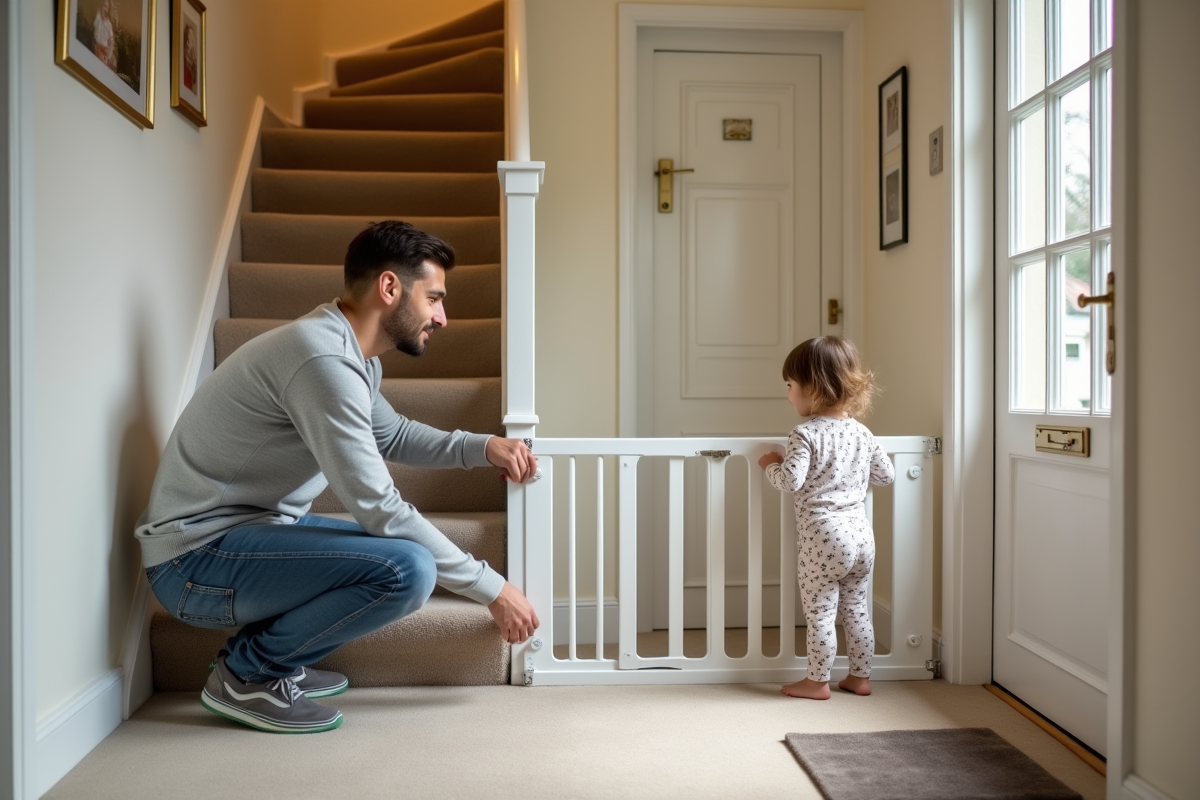 Père pose une barrière de sécurité au bas de l