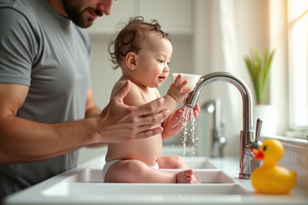 Pere rinçant son bébé dans l
