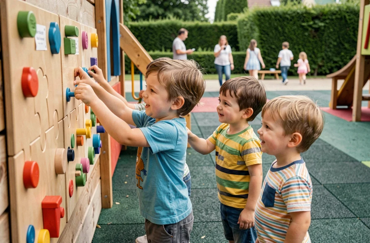 Groupe d'enfants jouant sur un parcours ludique interactif dans un parc famille en Île-de-France