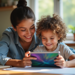 Parent et enfant souriants à la table de cuisine pour devoirs