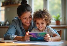 Parent et enfant souriants à la table de cuisine pour devoirs