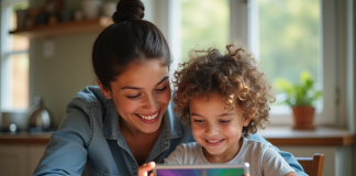 Parent et enfant souriants à la table de cuisine pour devoirs