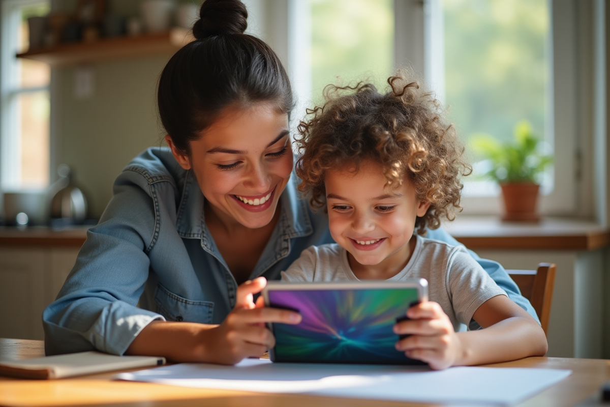 Parent et enfant souriants à la table de cuisine pour devoirs