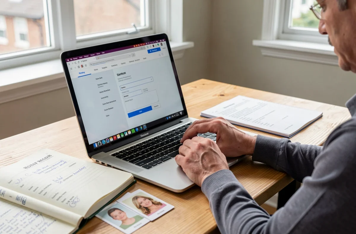 Parent remplissant une demande en ligne avec le livret de famille à côté