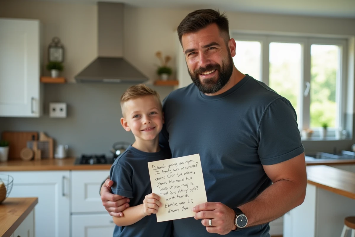 Père ému tenant un poème écrit à la main par son fils pour la fête des pères dans une cuisine moderne