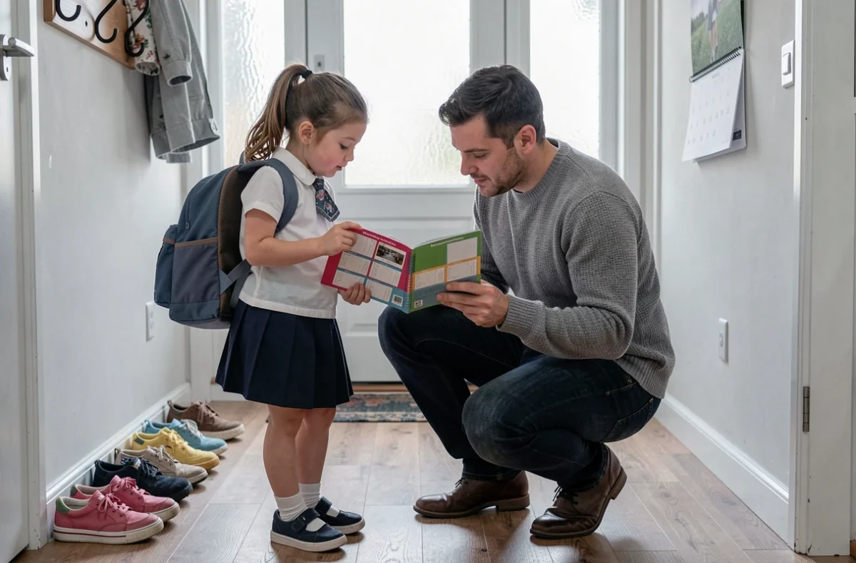 Père et fille consultant un planning de garde alternée dans l'entrée de la maison
