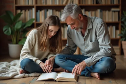 Père et fille adolescente lisant ensemble un poème manuscrit dans un carnet fait main pour la fête des pères