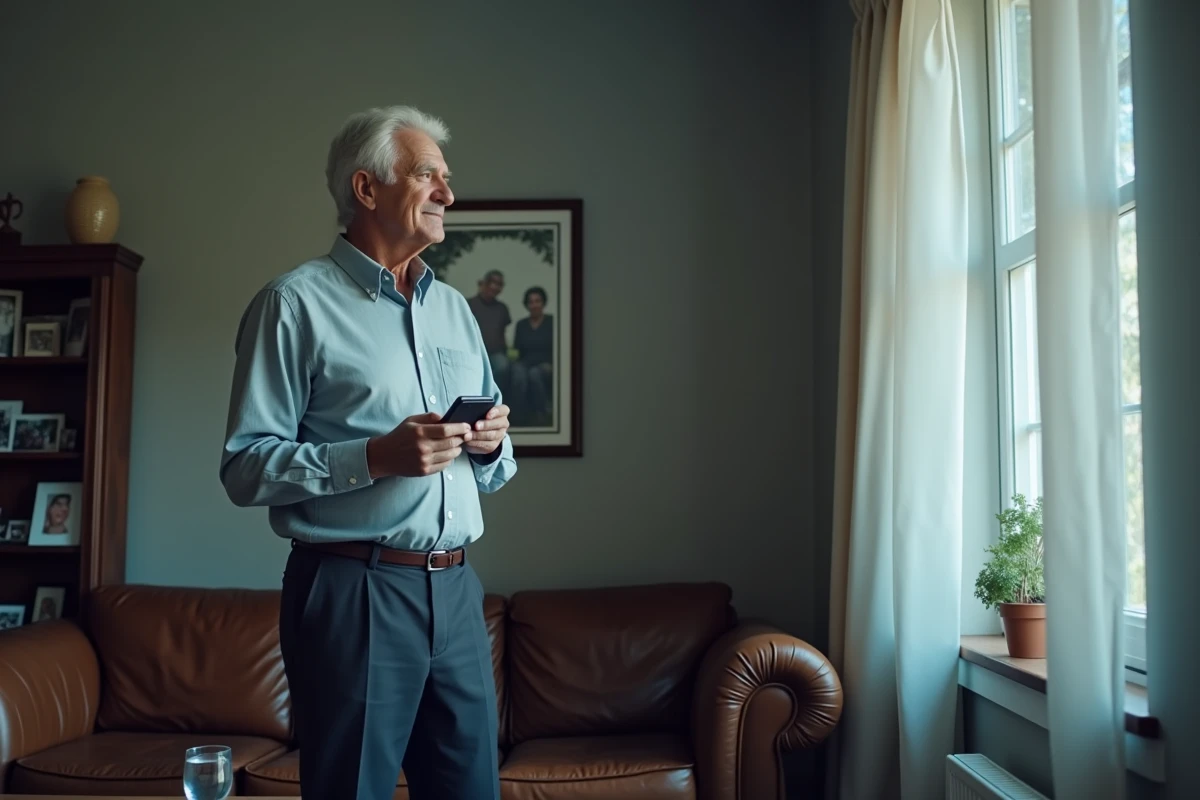 Père senior debout près d'une fenêtre tenant un téléphone sans réponse, exprimant la solitude et la culpabilité face au silence de son fils adulte