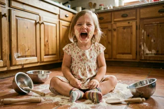 Petite fille riante assise sur le sol de la cuisine couverte de farine, illustrant les moments drôles du quotidien des enfants