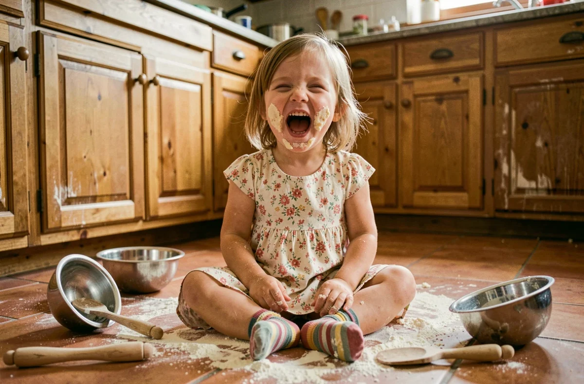 Petite fille riante assise sur le sol de la cuisine couverte de farine, illustrant les moments drôles du quotidien des enfants