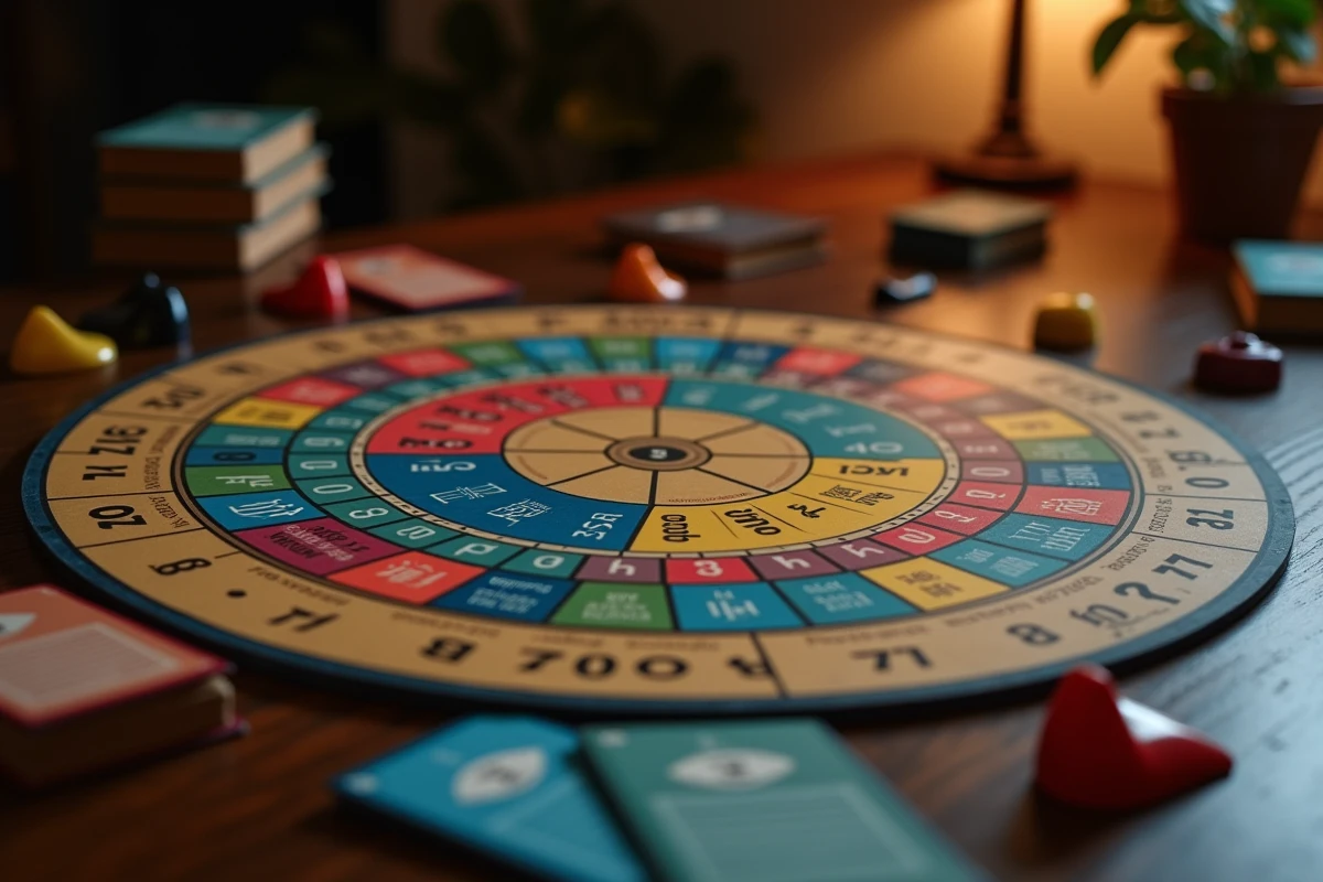 Vue détaillée du plateau de Trivial Pursuit montrant les cases colorées du parcours circulaire, les cartes questions et les pions en forme de camembert