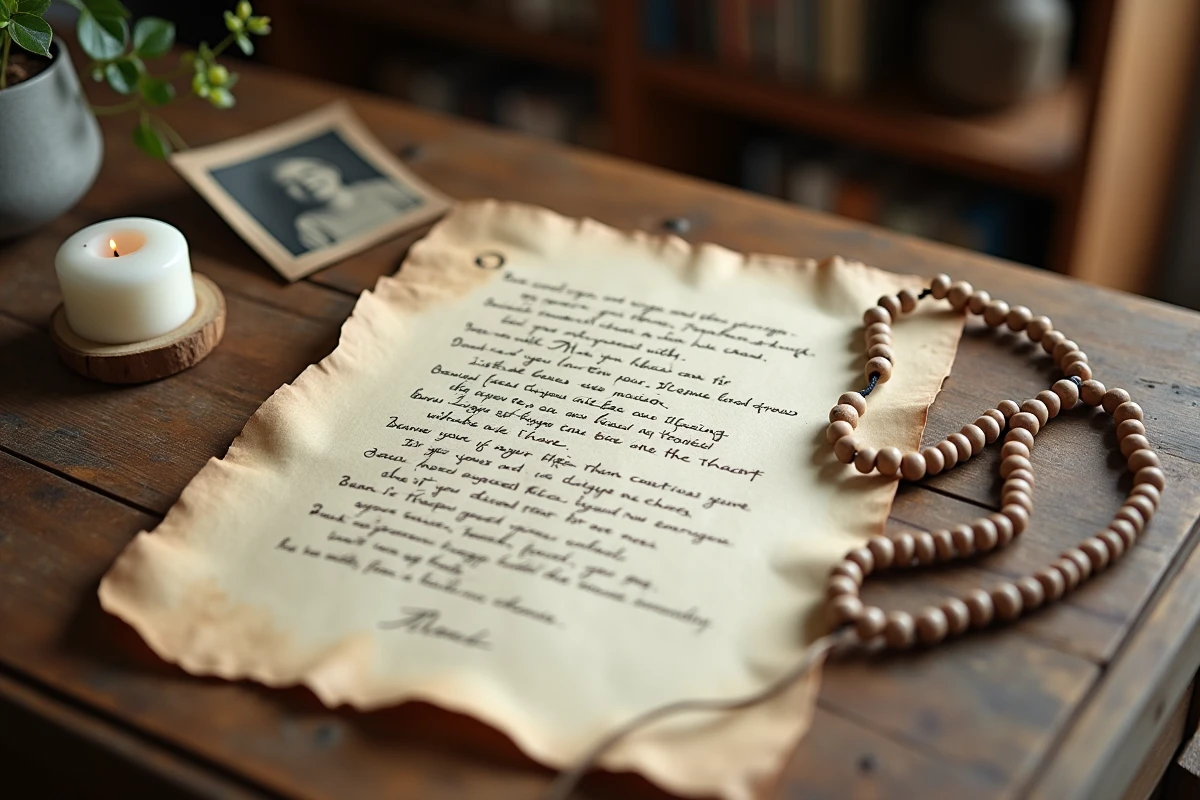 Poème manuscrit sur parchemin accompagné d'un chapelet et d'une photo ancienne, hommage poétique à une maman croyante