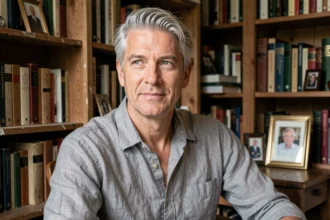 Portrait intime d'un homme aux cheveux grisonnants dans une bibliothèque personnelle, évoquant la sincérité et la vie privée
