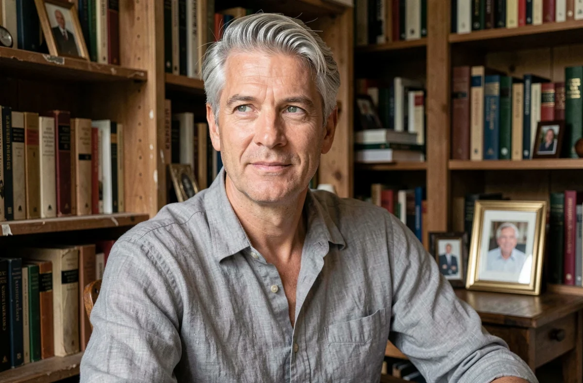 Portrait intime d'un homme aux cheveux grisonnants dans une bibliothèque personnelle, évoquant la sincérité et la vie privée