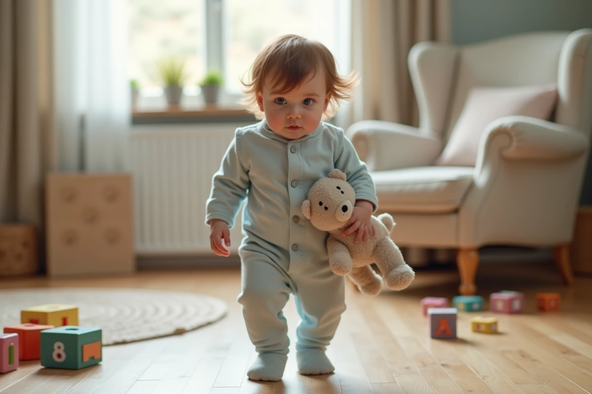Bébé de un an prenant ses premiers pas dans un salon chaleureux