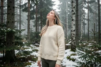Jeune femme scandinave en pull en laine épaisse au bord d'une forêt boréale enneigée du Grand Nord