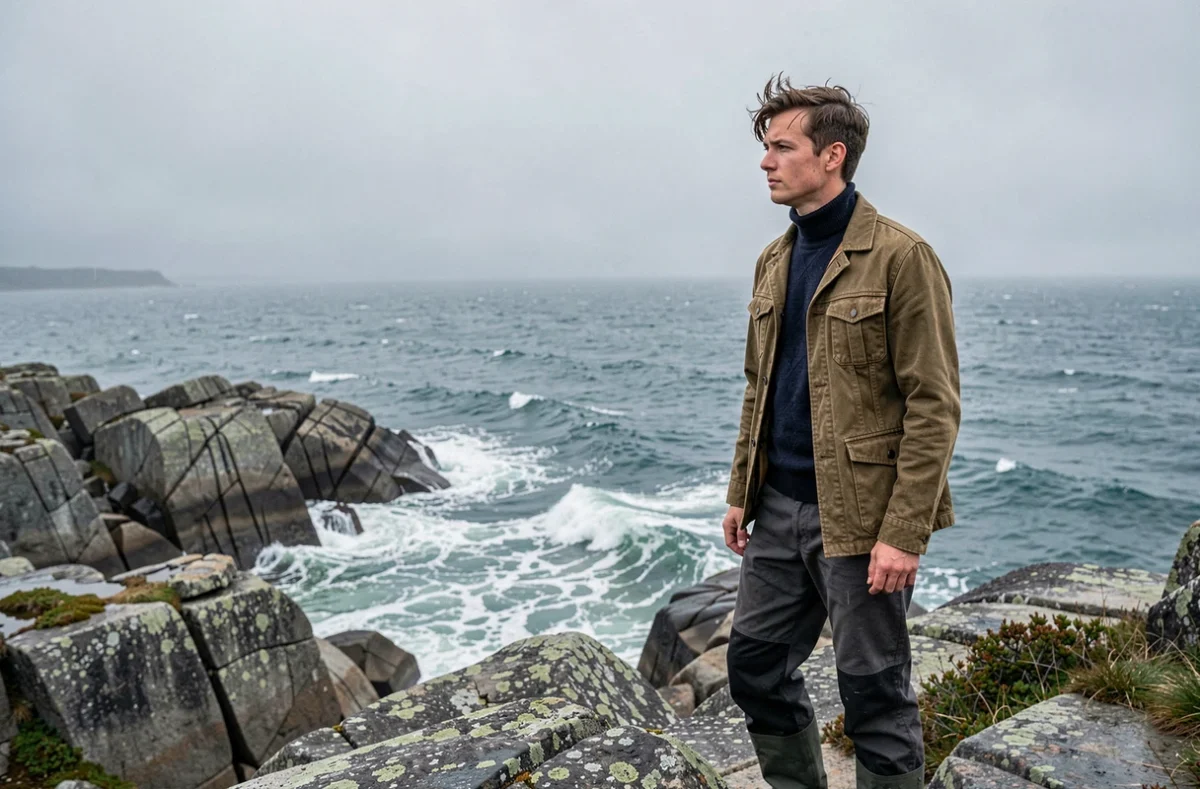 Homme scandinave en veste cirée sur des falaises rocheuses face à la mer nordique venteuse