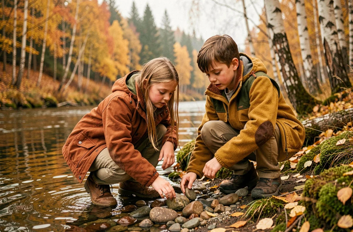 Deux enfants scandinaves en vêtements de laine au bord d'une rivière entourée de bouleaux dorés en automne