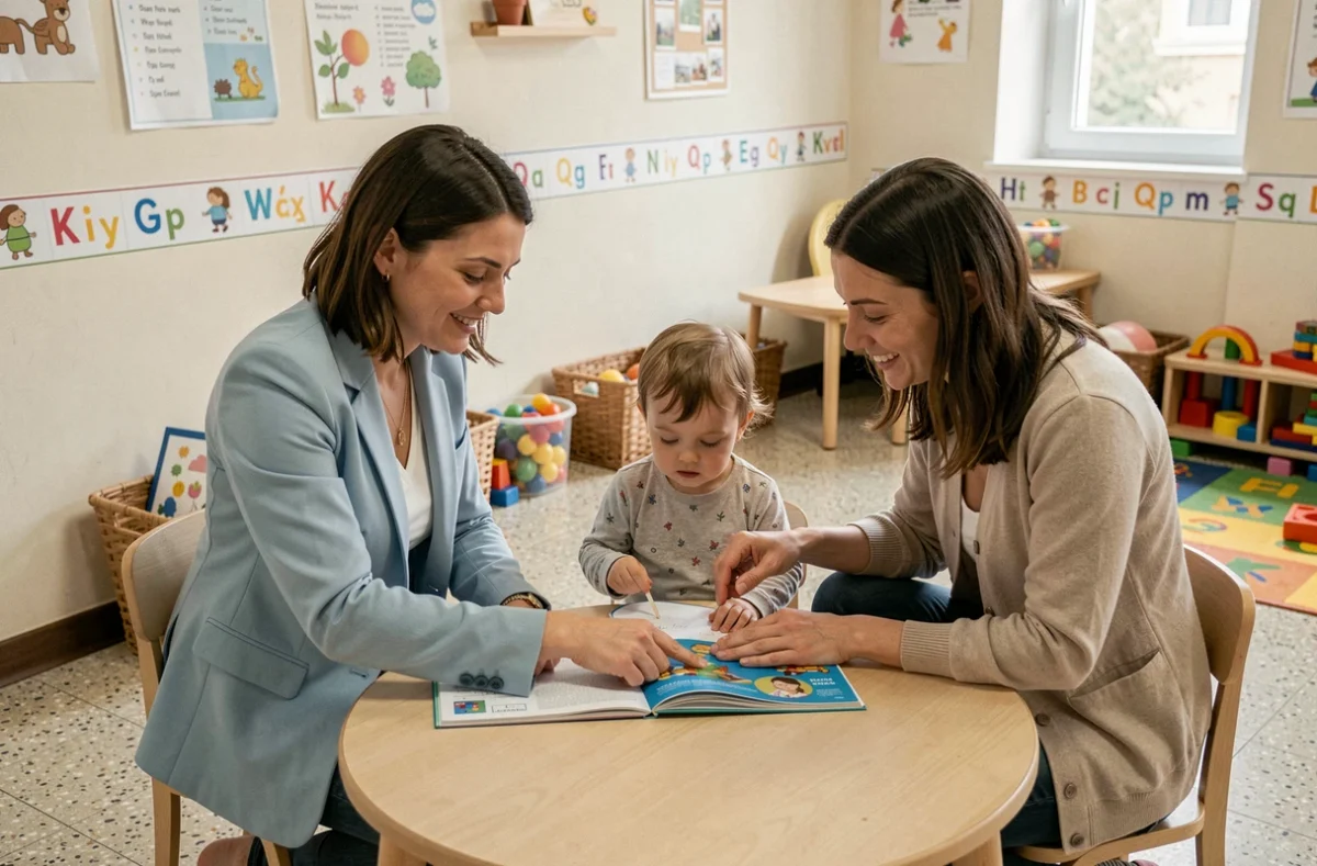Une coordinatrice du Relais Assistantes Maternelles d'Arras accompagne une mère et son enfant dans un espace d'éveil communautaire