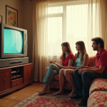 Salon des années 90 avec TV CRT et famille