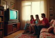 Salon des années 90 avec TV CRT et famille