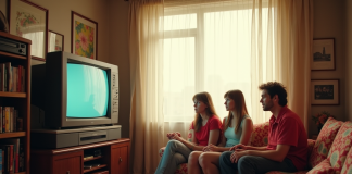 Salon des années 90 avec TV CRT et famille