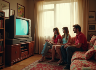 Salon des années 90 avec TV CRT et famille