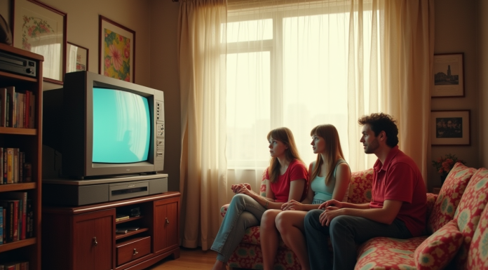 Salon des années 90 avec TV CRT et famille