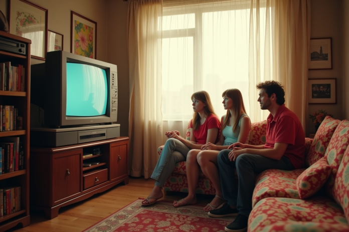 Salon des années 90 avec TV CRT et famille