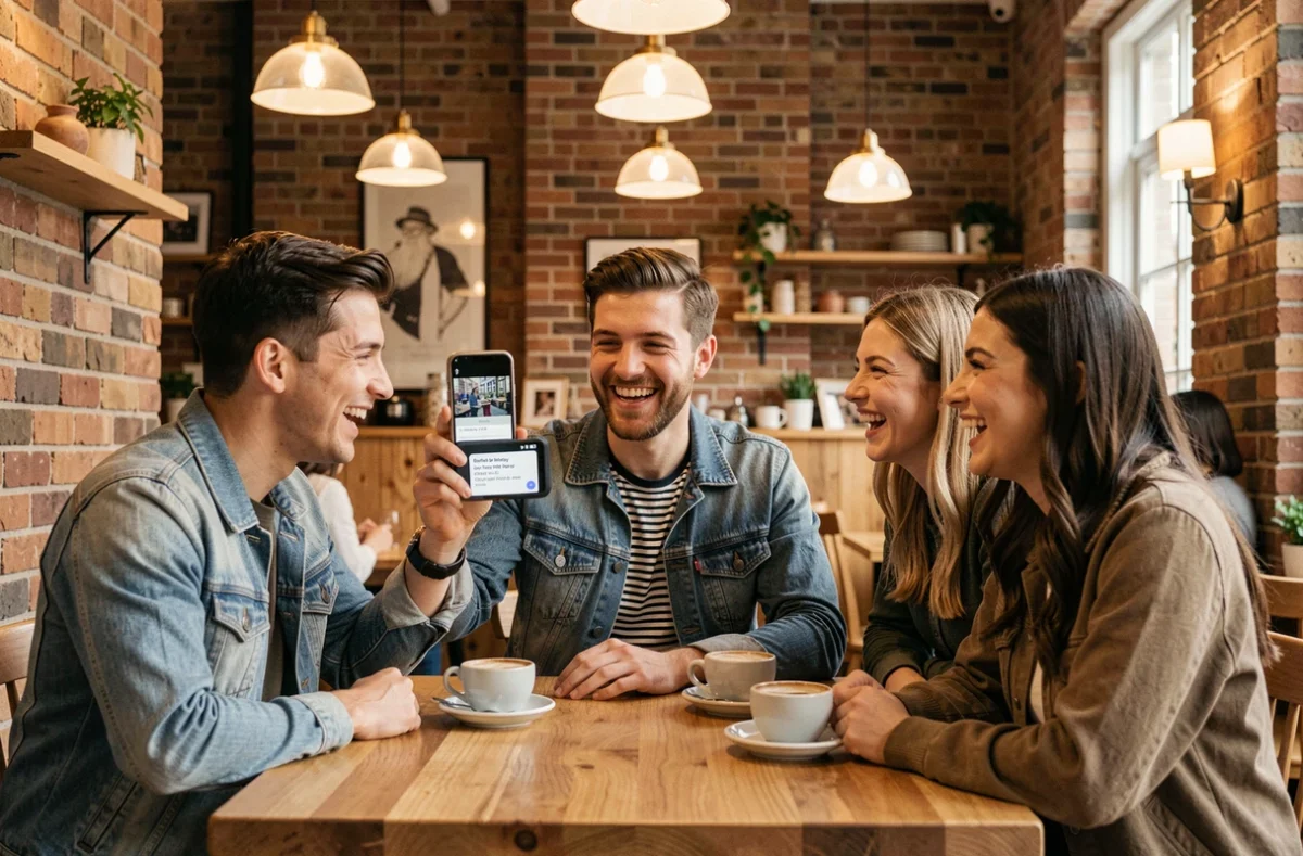 Groupe d'amis dans un café partageant des messages d'anniversaire sur un téléphone portable