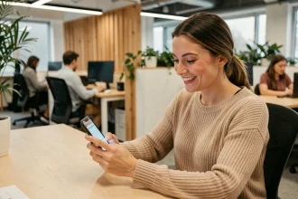 Femme souriante au bureau envoyant un SMS d'anniversaire à un collègue depuis son smartphone