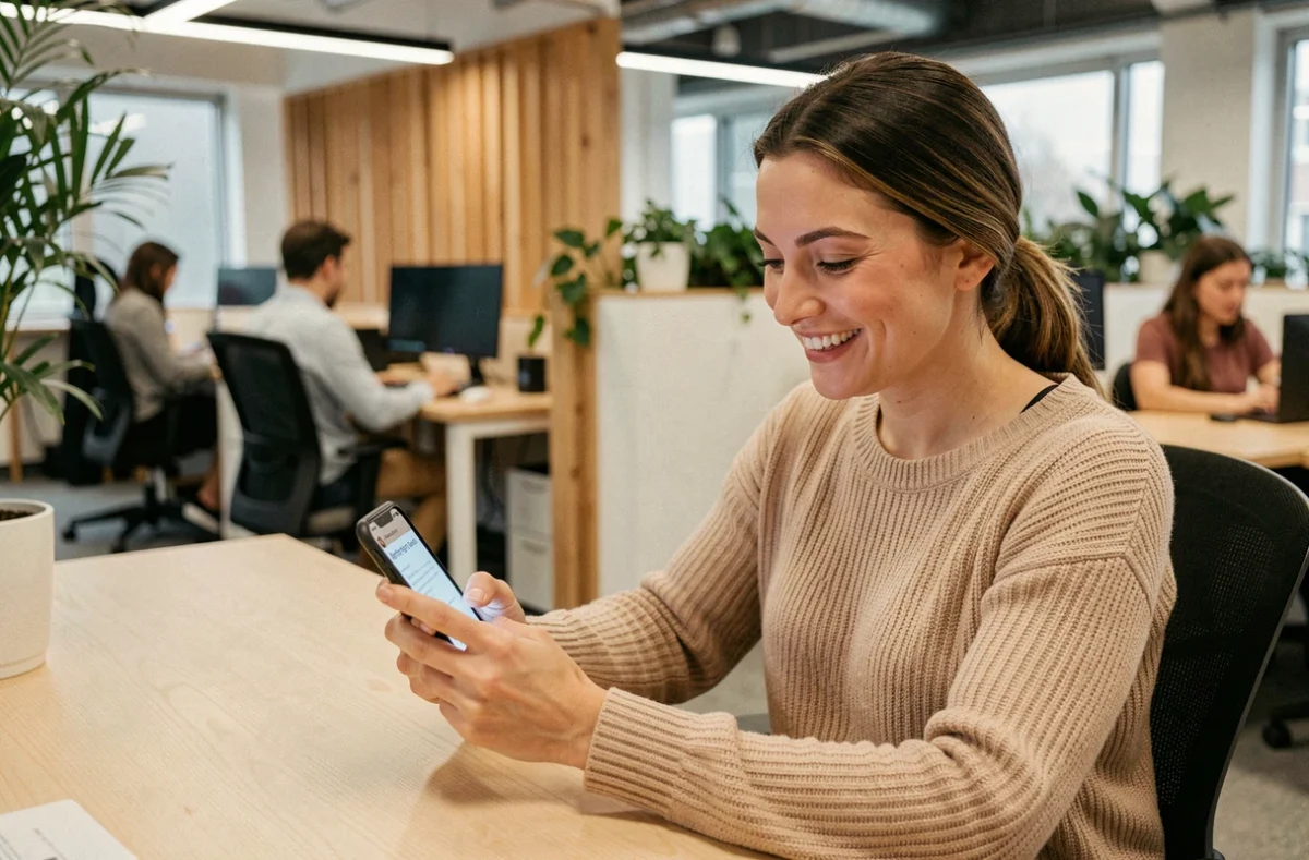 Femme souriante au bureau envoyant un SMS d'anniversaire à un collègue depuis son smartphone