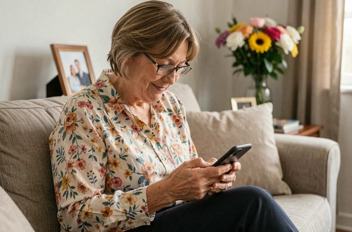 Femme d'âge mûr composant un SMS d'anniversaire pour un membre de sa famille dans son salon