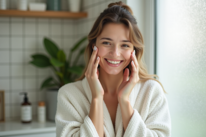Femme appliquant creme visage dans salle de bain moderne