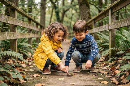 Deux enfants de 3 à 5 ans explorant un sentier nature éducatif en forêt d'Île-de-France