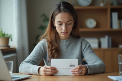 Femme ouvrant discrètement un kit de test ADN à domicile sur un bureau en bois