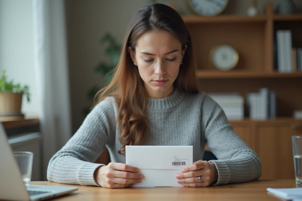 Femme ouvrant discrètement un kit de test ADN à domicile sur un bureau en bois